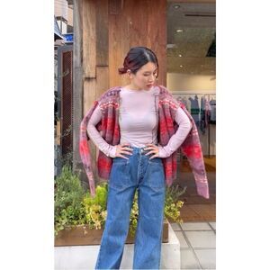 Perverze Blend Border Knit Cardigan / Pink Size F Small/Medium
